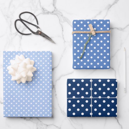 Chic Dark Light Blue White Polka Dots Pattern Wrapping Paper Sheets