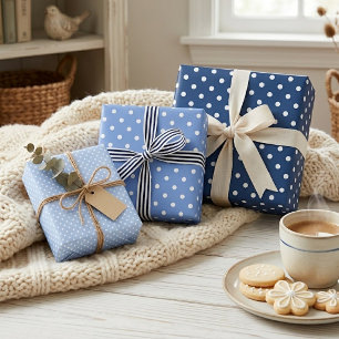 Chic Dark Light Blue White Polka Dots Pattern Wrapping Paper Sheets