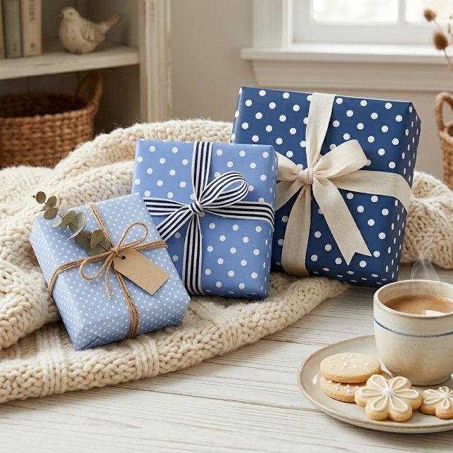 Chic Dark Light Blue White Polka Dots Pattern Wrapping Paper Sheets (Creator Uploaded)