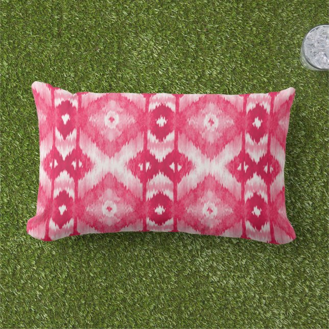Chic Dark Magenta Pink Red White Ikat Pattern Lumbar Pillow (Grass)