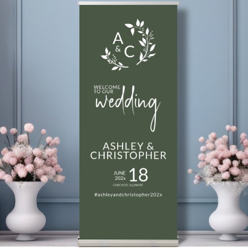 Chic Dark Moss Green Monogram Wedding Welcome Retractable Banner