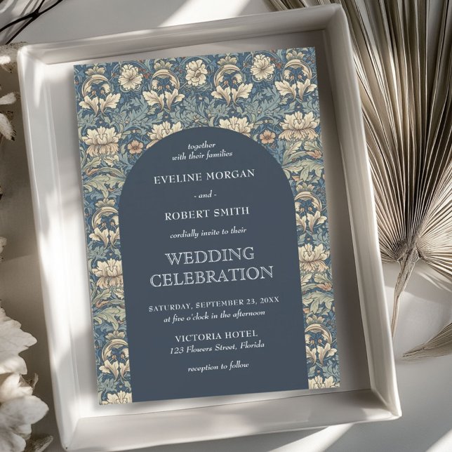 Chic dark pastel blue ivory floral Art Nouveau Invitation (Chic dark pastel blue ivory floral Art Nouveau Invitation)