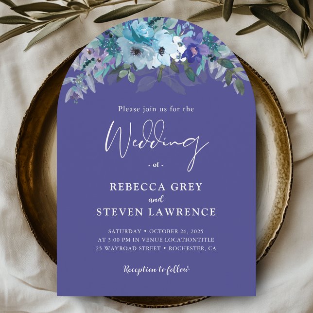 Chic dark purple dusty blue floral arch wedding invitation (Creator Uploaded)