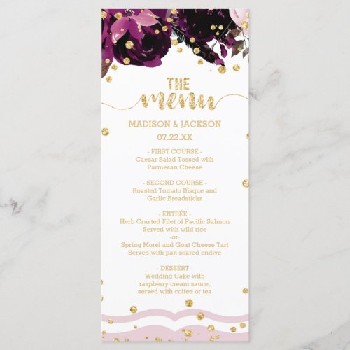 Chic Dark Purple Floral Gold Confetti Wedding Menu