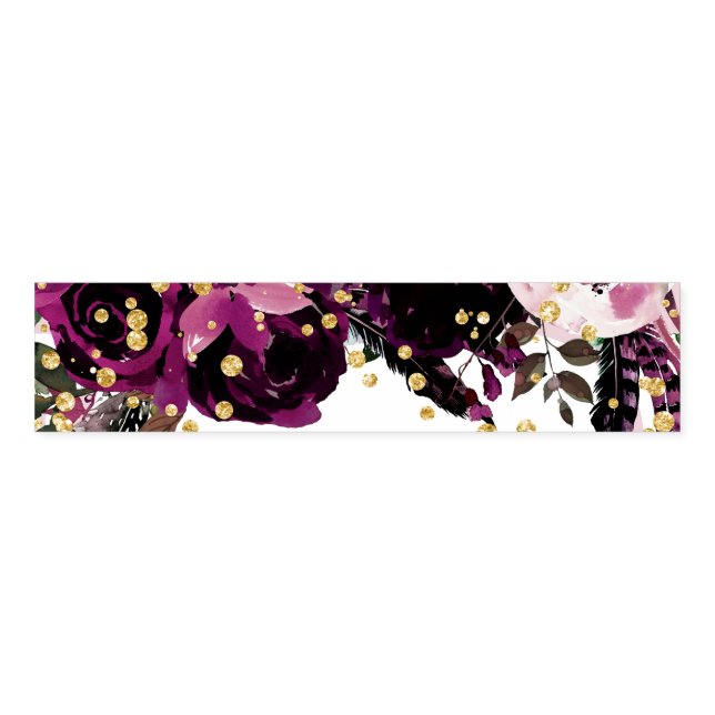 Chic Dark Purple Floral & Gold Confetti Wedding Napkin Bands (Unfolded)