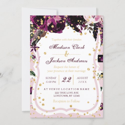 Chic Dark Purple Floral  Gold Wedding Invitations