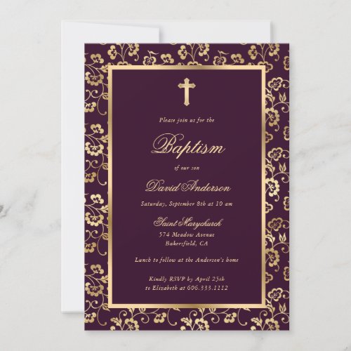 Chic Dark Purple Gold Cross Script Floral Baptism Invitation