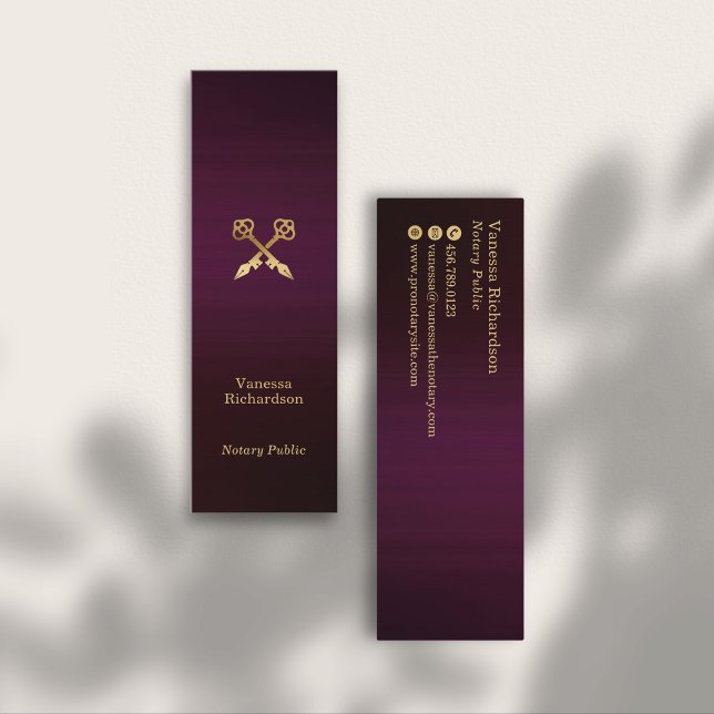 Chic Dark Purple & Gold Notary Key Luxury Mini Business Card (Creator Uploaded)