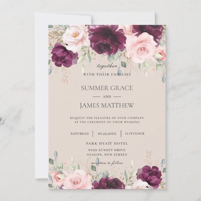 Chic Dark Raspberry Blush Pink Floral Wedding Invitation (Front)