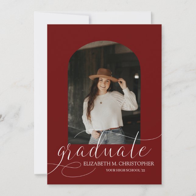 Chic Dark Red Arch 5 Photo Collage Graduation Announcement (Front)