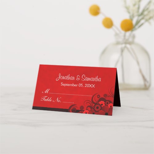Chic Dark Red Gothic Hibiscus Floral Folded Table Place Card