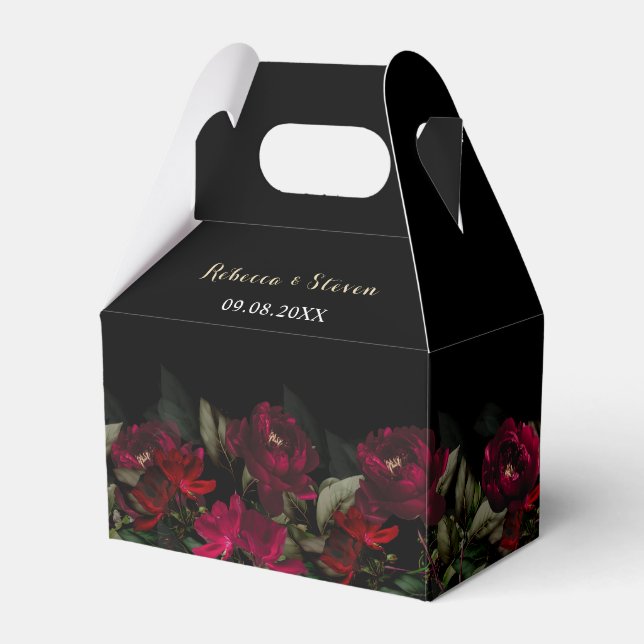 Chic dark red green gothic floral moody wedding favor boxes (Front Side)