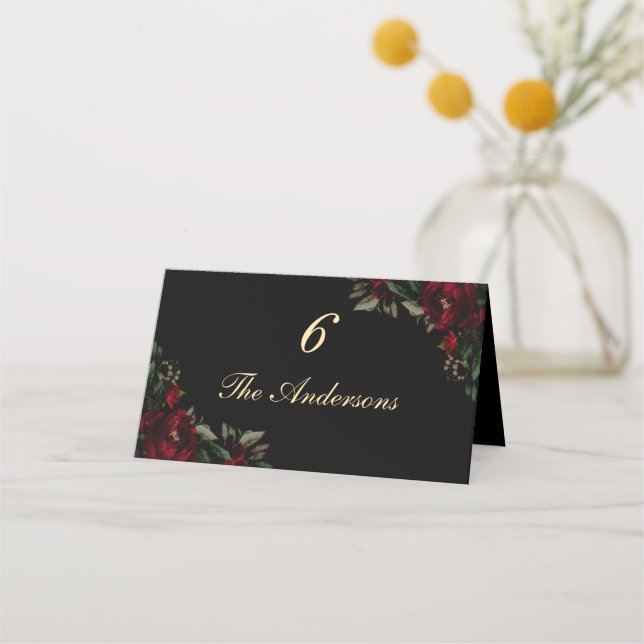 Chic dark red green gothic floral moody wedding place card (Front)