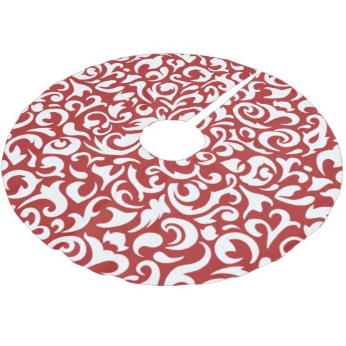 Chic Dark Red White Damask Floral Art Pattern Brushed Polyester Tree Skirt