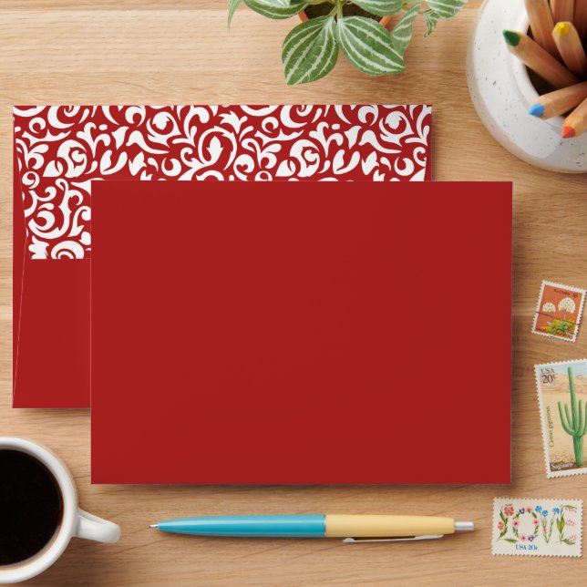 Chic Dark Red White Damask Floral Art Pattern Envelope (Desk)