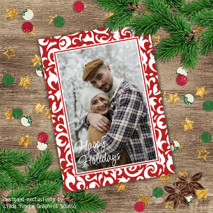 Chic Dark Red White Damask Floral Art Pattern Holiday Card