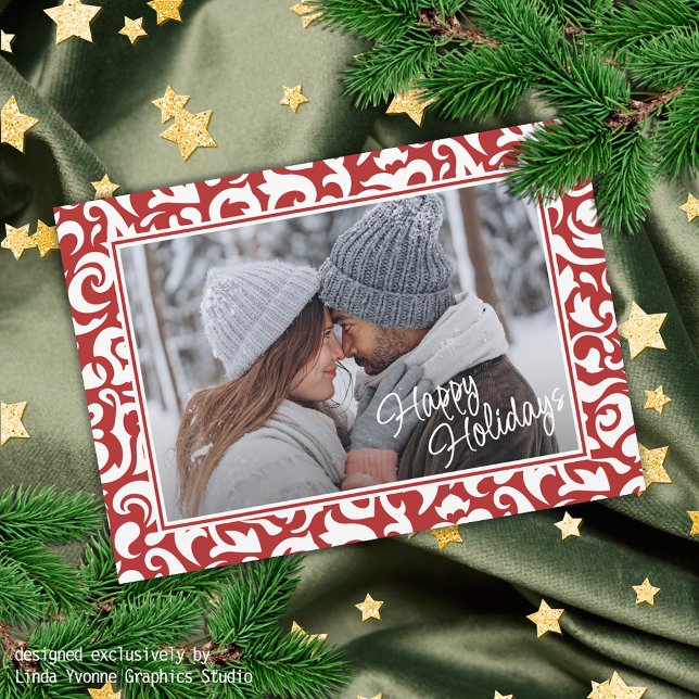 Chic Dark Red White Damask Floral Art Pattern Holiday Card (Creator Uploaded)