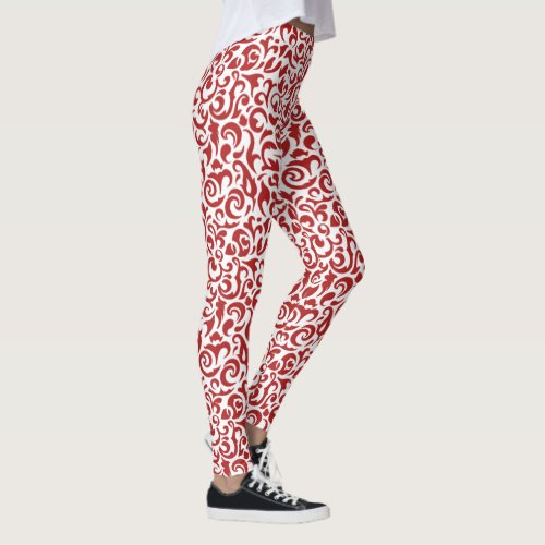 Chic Dark Red White Damask Floral Art Pattern Leggings