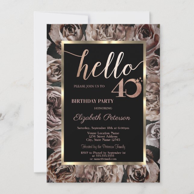 Chic Dark Roses Black 40th Birthday  Invitation (Front)
