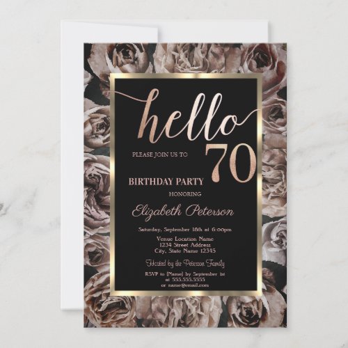 Chic Dark Roses Black 70th Birthday  Invitation