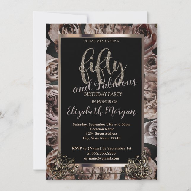 Chic Dark Roses Frame 50th Birthday Party  Invitation (Front)