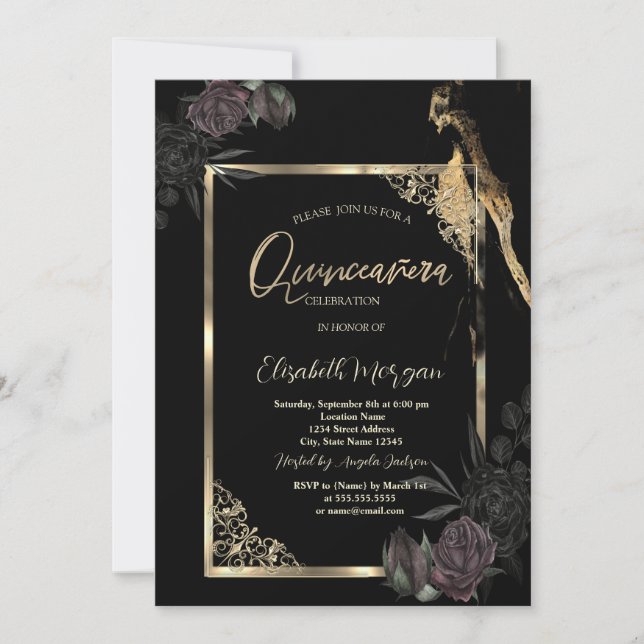 Chic Dark Roses Gold Frame Black Quinceañera Invitation (Front)