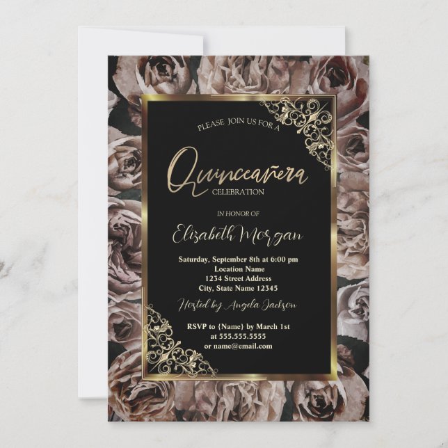 Chic Dark Roses Gold Frame Black Quinceañera Invitation (Front)