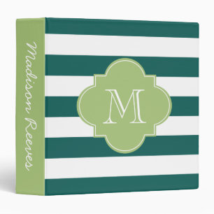Chic Dark Teal and Green Striped Custom Monogram 3 Ring Binder