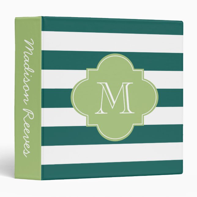 Chic Dark Teal and Green Striped Custom Monogram 3 Ring Binder (Front/Spine)