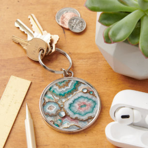 Chic Dark Teal Blue Blush Pink Gold Marble Pattern Keychain