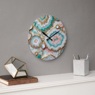 Chic Dark Teal Blue Blush Pink Gold Marble Pattern Large Clock