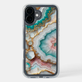 Chic Dark Teal Blue Blush Pink Gold Marble Pattern iPhone 16 Plus Case