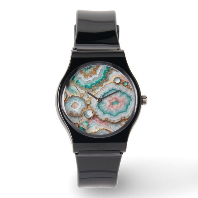 Chic Dark Teal Blue Blush Pink Gold Marble Pattern Watch (Front)