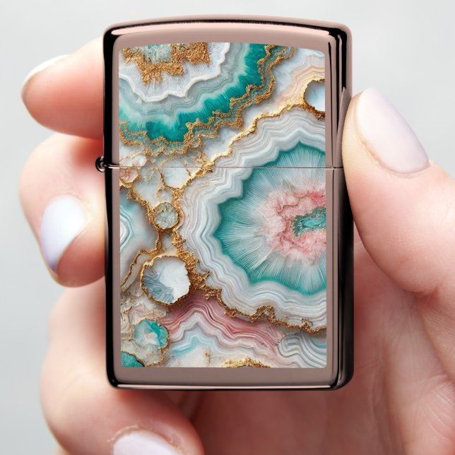 Chic Dark Teal Blue Blush Pink Gold Marble Pattern Zippo Lighter (In Hand)