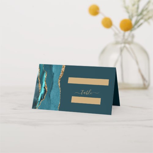 Chic Dark Teal Blue Gold Agate Wedding Place Card