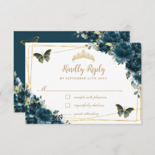 Chic Dark Teal Floral Gold Butterflies Quinceañera RSVP Card