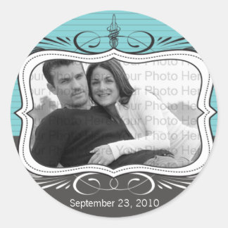 Chic Deco Save the Date Announcement Seal: aqua Classic Round Sticker