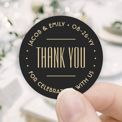 Chic Deco Typography Thank You Black  Gold Classic Round Sticker