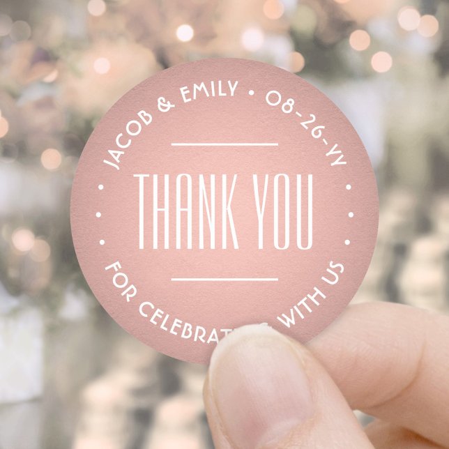 Chic Deco Typography Thank You Pink Rose Gold Classic Round Sticker (Creator Uploaded)