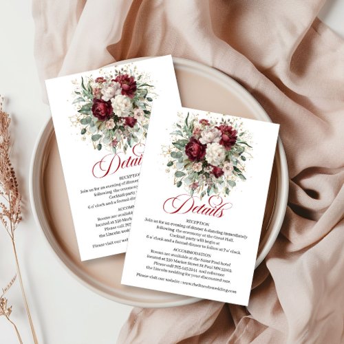 Chic Deep Red Floral Greenery Gold Wedding Details Enclosure Card