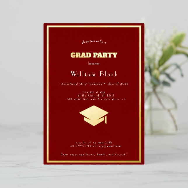  chic   deep red  & gold grad party foil invitation (Standing Front)