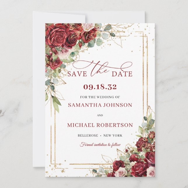 Chic deep red merlot gold geometric Save the date (Front)