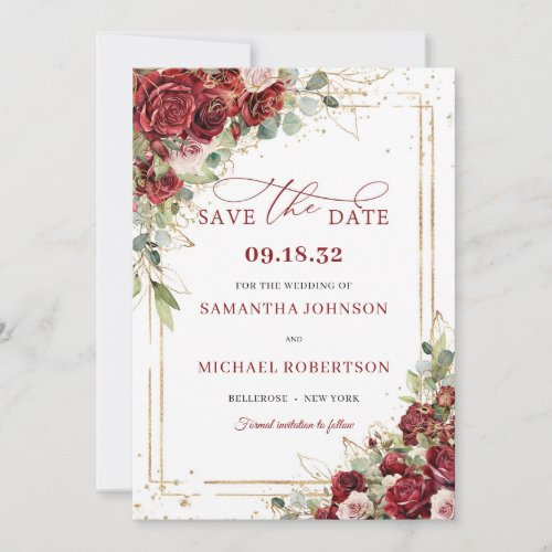 Chic deep red merlot gold geometric Save the date