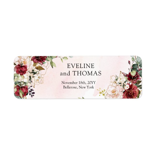 Chic deep red merlot gold geometric wedding label (Front)