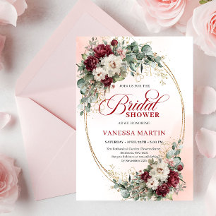 Chic Deep Red Peony Gold Bridal Shower Invitation