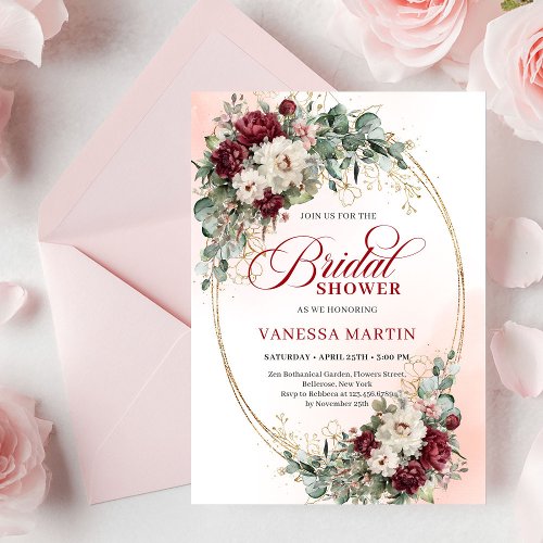 Chic Deep Red Peony Gold Bridal Shower Invitation