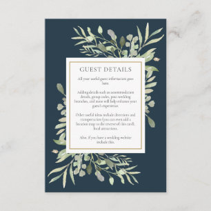 Chic Deep Sea Blue Greenery Wedding Guest Details Enclosure Card