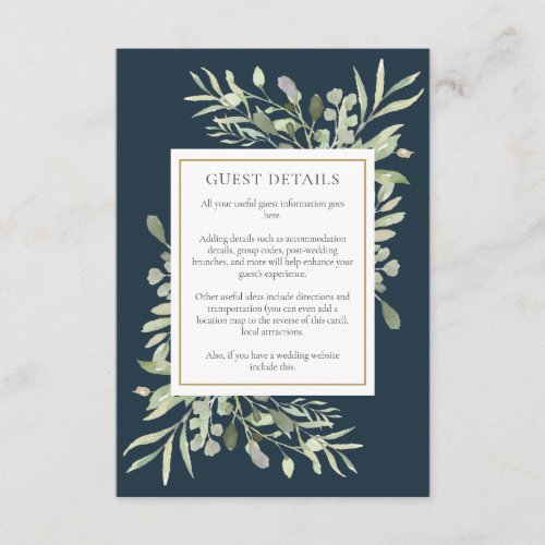 Chic Deep Sea Blue Greenery Wedding Guest Details Enclosure Card