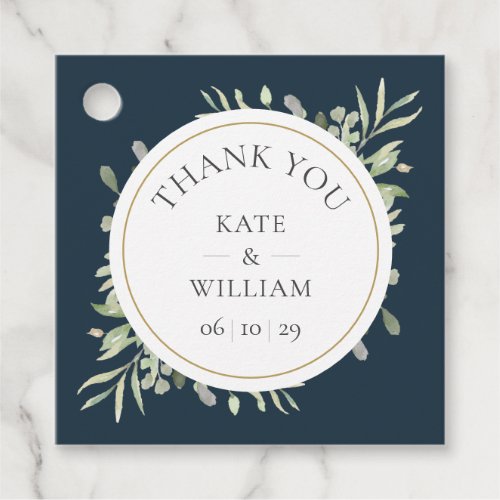 Chic Deep Sea Blue Greenery Wedding Thank You Favor Tags