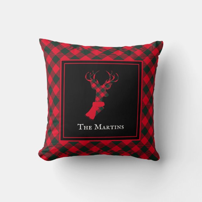 Chic Deer Red & Green Plaid Personalized Christmas Throw Pillow (Front)